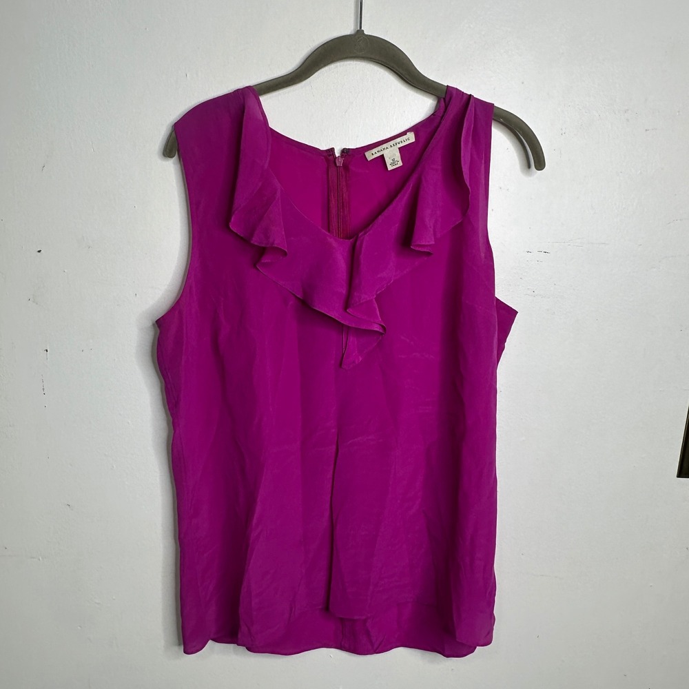 Banana Republic Magenta 100% Silk Ruffle V-Neck‎ Sleeveless Blouse Top Size 12